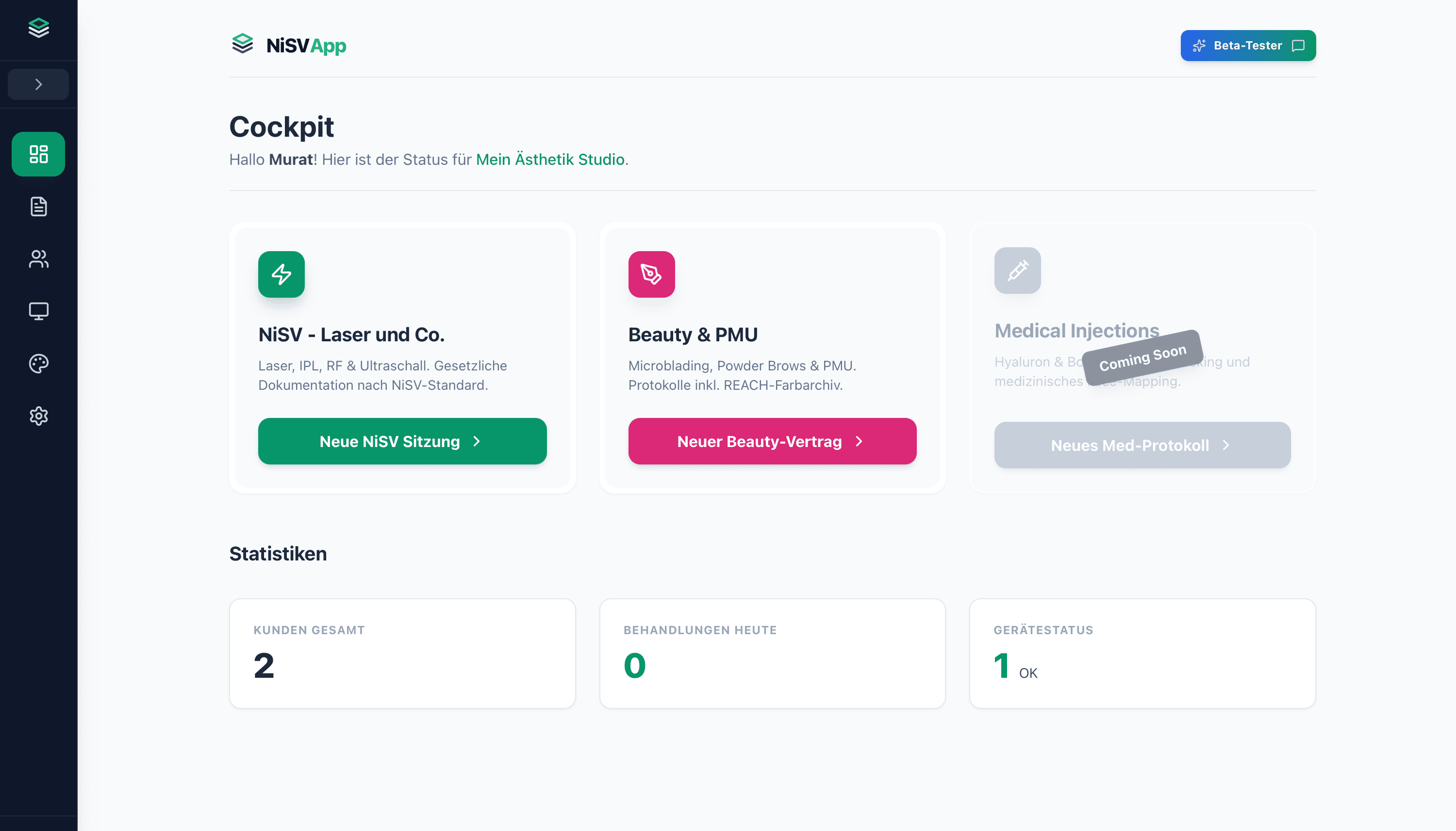 NiSV App Dashboard mit NiSV und PMU Modulen