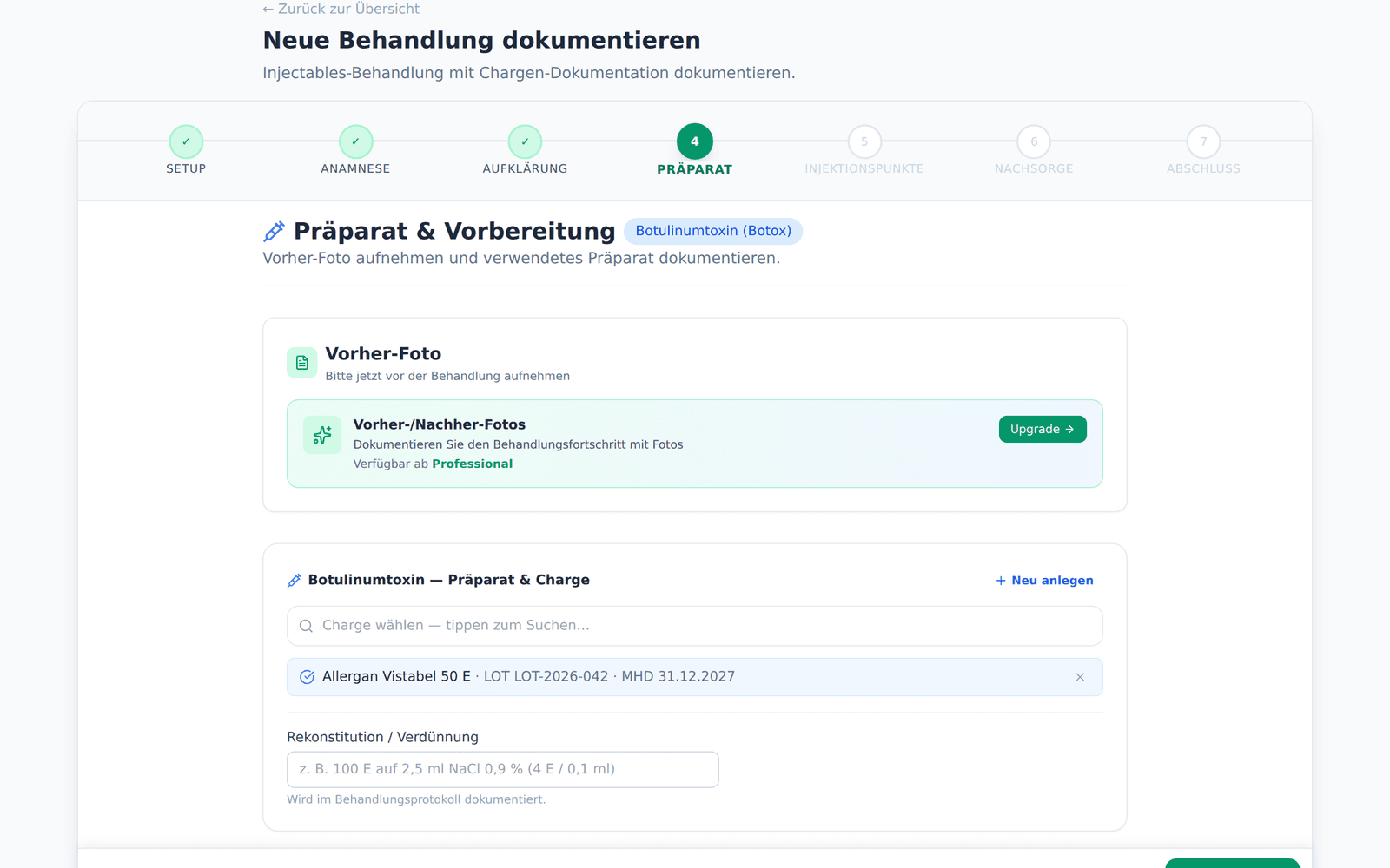 Präparat und Charge im Behandlungs-Workflow erfassen – LOT-Nummer und MHD werden dokumentiert