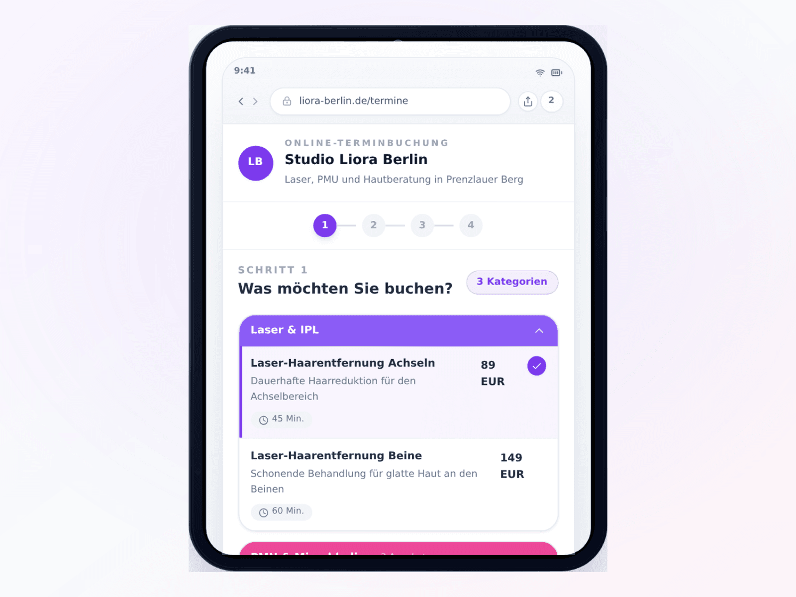 Online-Terminbuchung: Buchungsseite von Studio Liora Berlin auf dem Tablet